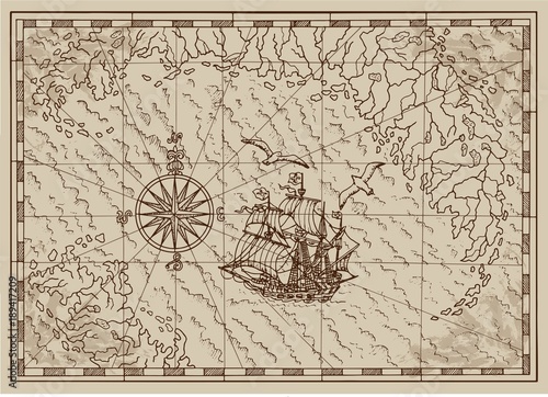 Pirate Treasure map with old ship and compass in frame. Pirate adventures, tr...