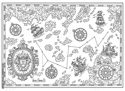 Black And White Pirate Treasure Map With Nautical Decorative