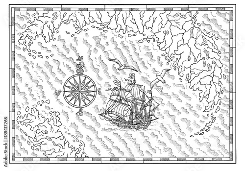 Black and white sea map with old sailing ship and compass. Pirate adventures,...