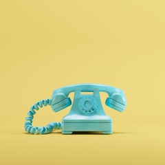 Wall Mural - Blue vintage telephone on yellow pastel color background. minimal idea concept.