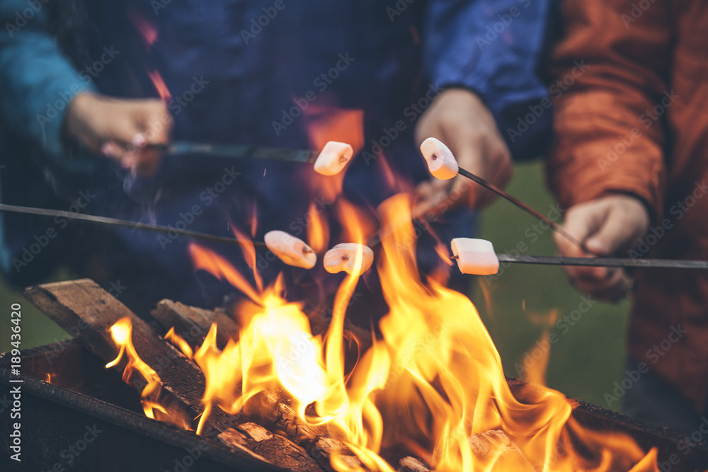 Hands of friends roasting marshmallows over the fire in a grill closeup - obrazy, fototapety, plakaty 