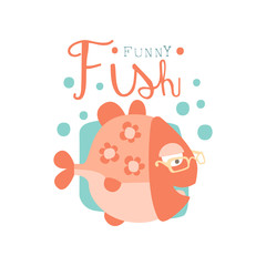 Sticker - Funny fish logo, baby shop label, fashion print for kids wear, baby shower celebration, greeting, invitation card colorful hand drawn vector Illustration