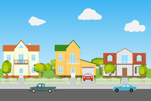 Street With Houses And Cars On A Blue Background. The Modern Street.