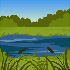 Wall Mural - Green summer landscape with lake, nature background vector illustration