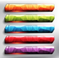 Wall Mural - Abstract vector web buttons set of 5. Horizontal crystal banners. Isolated with realistic, transparent glass shine and shadow on the light background. Vector illustration. Eps10.