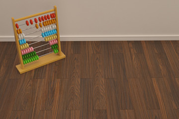 Wooden abacus isolated on wooden floor 3D illustration.