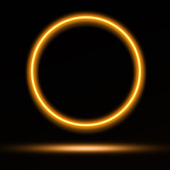 Wall Mural - gold neon glowing ring circle with a gold reflection background mockup design template