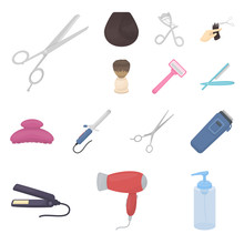 Hairdresser And Tools Cartoon Icons In Set Collection For Design.Profession Hairdresser Vector Symbol Stock Web Illustration.