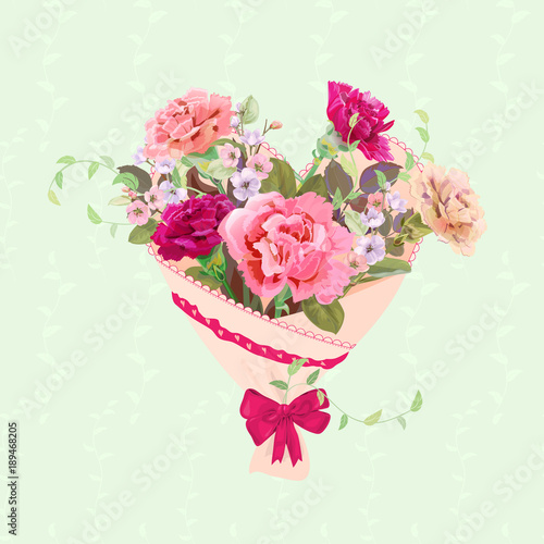 Heart with bouquet of pink, red flowers. Valentine's Day card. Carnation scha...