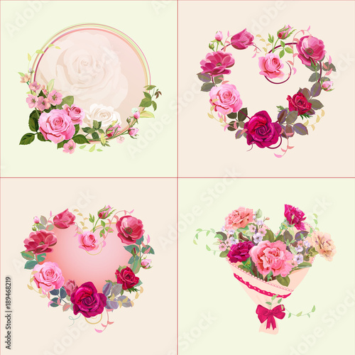 Collection of square Valentine's Day card: bouquets of pink, red flowers (ros...