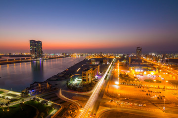 Aerial view to Ras Al Khaimah from the bar located on the top of the hilton hotel