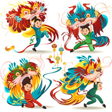 Chinese Lunar New Year Lion Dance Fight Isolated On White Background, Happy Dancer In China Traditional Costume Holding Colorful Dragon Mask On Parade Or Carnival, Cartoon Style Vector Illustration