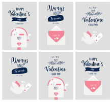 Valentine's Day Card Set, Poster With Graphic And Typographic Elements. Cute Design, Handwritten Font. Love And Romantic Phrases