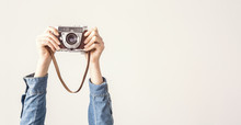 Arms Up Holding Vintage Camera Isolated Background