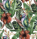 Seamless watercolor pattern with hibiscus, palm leaves, branch of strelitzia, calathea, parrot.Tropic background