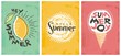 Artistic drawing posters set with sun shape, lemons and ice cream. Summer decorated line art banners selection.