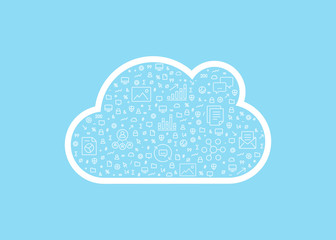 Aufkleber - Cloud computing vector symbol filled with small icons isolated on light blue background.