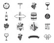 Wine production icons set. Winery, wine shop, vineyards badges collection. Retro Drink symbols. Monochrome design illustrations. Stock vector emblems and pictograms isolated on white background