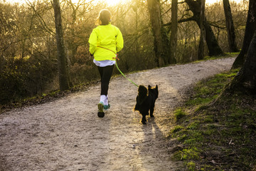 The woman does a jogging together with her dog on a leash. They ran along the path between the trees to meet the sun.