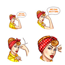Vector Pop Art Avatar For Chat, Blog, Networking With Confident Lady, Housewife With Rolled Up Sleeves Talks We Can Do It, Girl. Motivating Icon For Empowerment, Feminism, Women S Rights