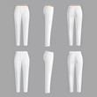 Vector realistic white trousers for women isolated on gray background. Formal, straight female pants 3d illustration. Two models, clean and ironed, with belt and without it. Mockup for your design