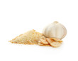 Granulated dried garlic and flakes on white background