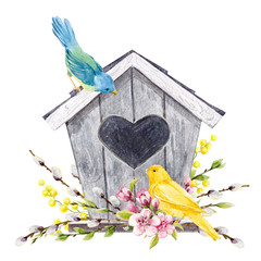 Watercolor birdhouse with birds