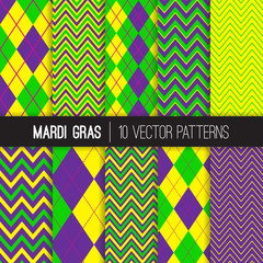 Wall Mural - Mardi Gras Argyle and Chevron Seamless Vector Patterns. New Orleans Carnival Style Backgrounds in Violet, Purple, Lime Green and Yellow. Pattern Tile Swatches Included.