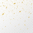 Defocused festive glittering gold confetti isolated on a transparent background, falling gold tiny confetti pieces.