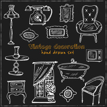 Vintage Interior Decoration Hand Drawn Doodle Set. Sketches. Vector Illustration For Design And Packages Product.