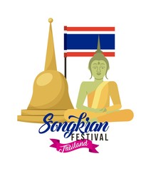 Sticker - songkran festival thailand poster invitation buddha flag vector illustration