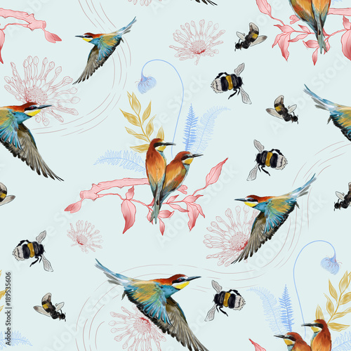Cotton fabric Seamless pattern of african bee eater