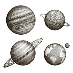 Wall Mural - collection of planets in solar system. engraving style. vintage elegant science set. sacred geometry
