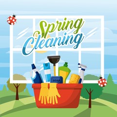 Poster - spring cleaning bucket equipment with window and landscape background vector illustration