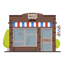 Street Building Facade Barbershop. Front Shop For Design Banner Or Brochure. Vector Illustration