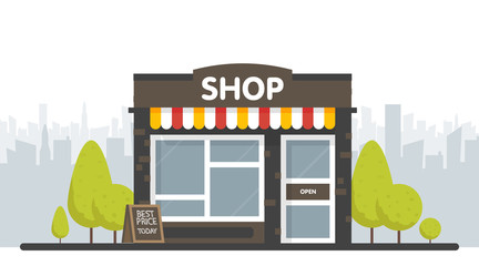 Vector shop or market store front exterior facade, vector illustration on sity space background