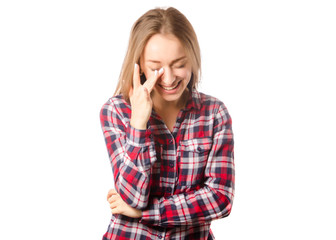 Wall Mural - Woman in shirt  laughs happy cmiling wiping eyes