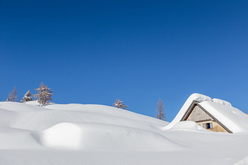 Poster - Winter landscape with small wooden house