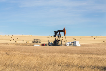 A single oil pump jack in the farm field. Oil industry equipment. Calgary, Alberta, Canada.