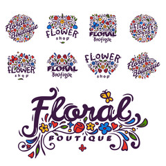 Wall Mural - Bright badge for flower shop decorative hand drawn frame template for floral business nature banner vector illustration.