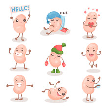 Funny Soy Bean Characters Set, Cute Soybean With Human Face Showing Different Emotions Cartoon Vector Illustrations