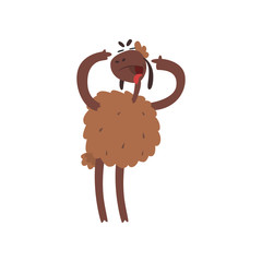 Sticker - Funny sheep character standing on two legs with open mouth cartoon vector illustration