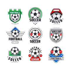 Poster - Soccer league or tournament logo templates set. Creative line art icons with green, red and blue colors. Flat vector isolated on white.