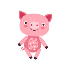 Wall Mural - Cute soft pink piggy plush toy, stuffed cartoon animal vector Illustration