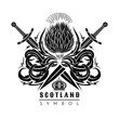 Silhouette of thistle with leaf pattern and cross swords. Symbol of Scotland design element black on white