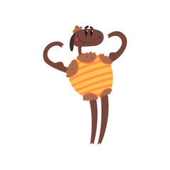 Sticker - Sportive strong funny sheep character dressed up striped singlet, cartoon vector illustration