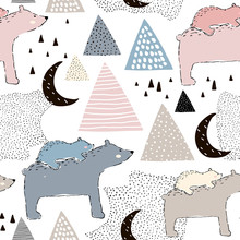 Seamless Childish Pattern With Polar Bear Mom And Baby. Creative Kids Design. Perfect For Fabric, Textile, Warpping, Nursery.Vector Illustration