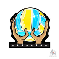 Wall Mural - Two hand hold beach volleyball ball isolated on white. Vector sport logo for any team and championship