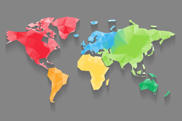 Wall Mural - Low poly map of World divided into six continents by color. Polygonal vector design with dropped shadow.