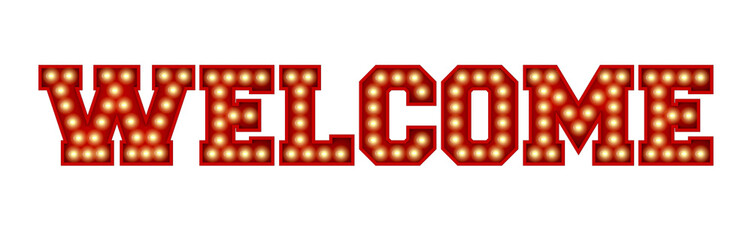 Welcome word made from red vintage lightbulb lettering isolated on a white. 3D Rendering